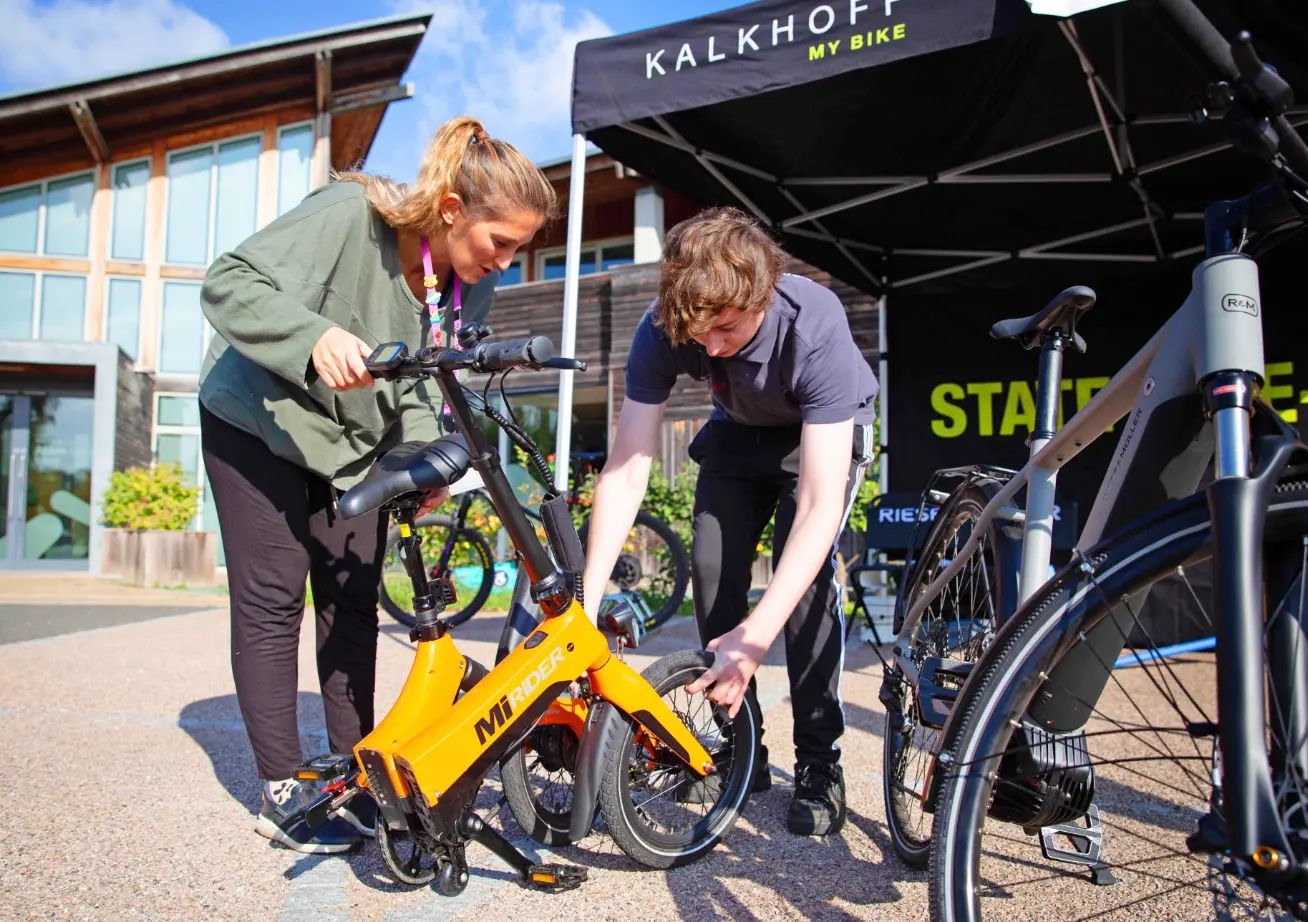 Atom Bank hosting an e-bike demo and bike health check for their employees.