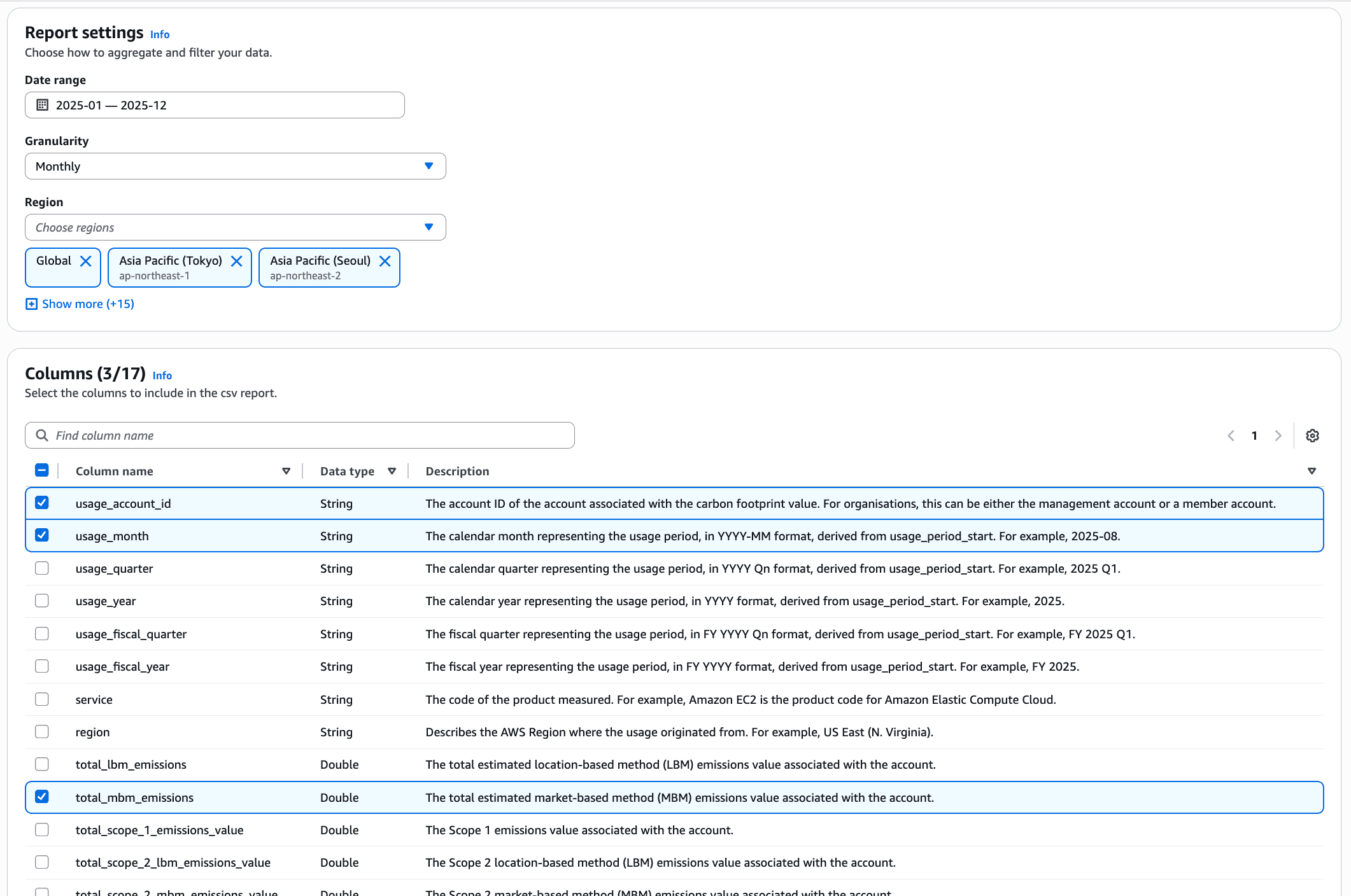 Screenshot of how to download a customised report from AWS Sustainability